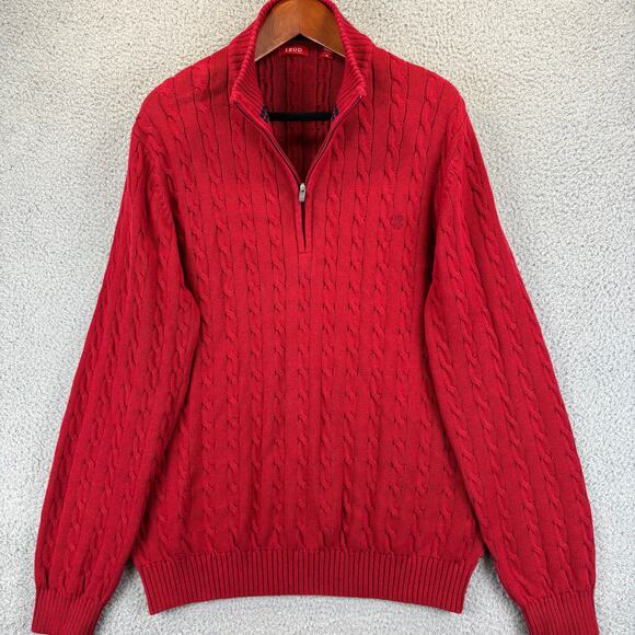 IZOD Cable Knit Sweater Mens XL Red Nautical Prep Grandpa Cotton Jumper 1/4 Zip - Picture 2 of 10